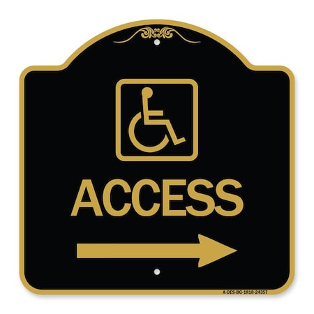 Access With Updated Isa Symbol And Right Arrow, Black & Gold Aluminum Architectural Sign